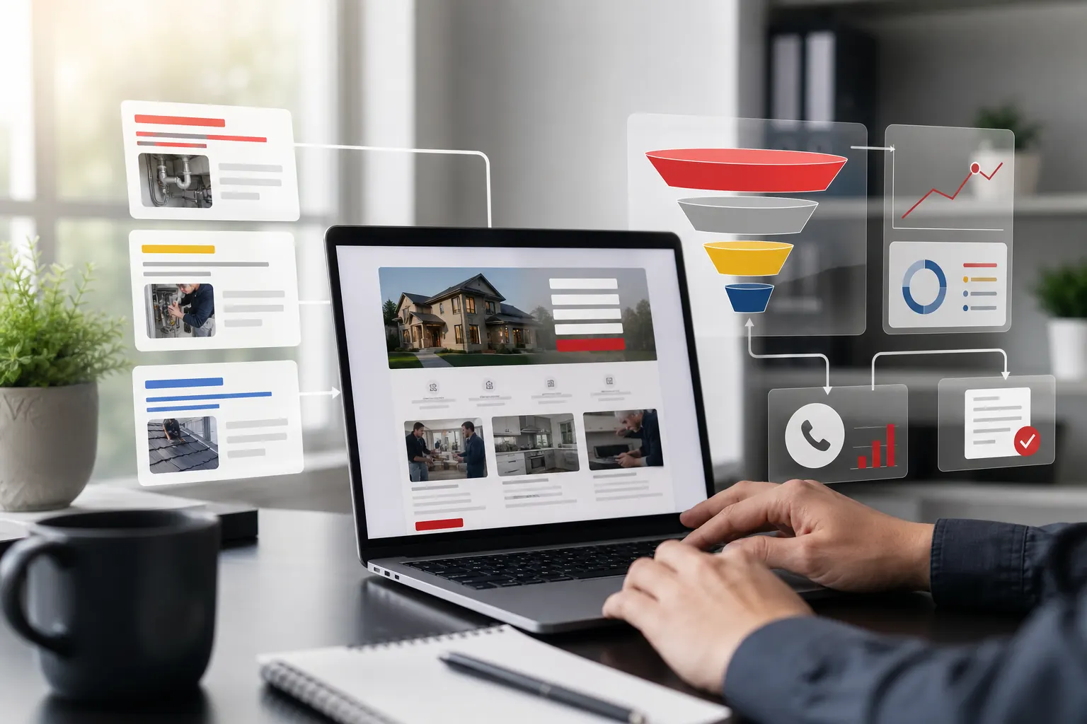 Laptop showing abstract local service landing page, ad cards, conversion funnel, call tracking, and form completion visuals