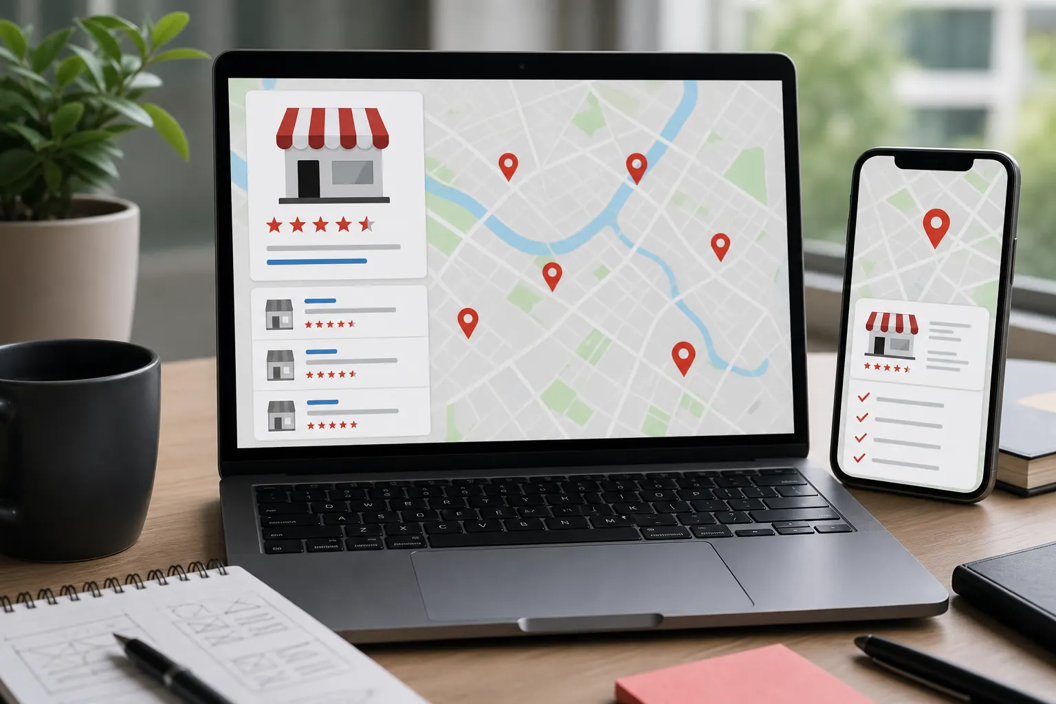 Laptop and phone showing abstract local map pins, search cards, reviews, and a business profile checklist