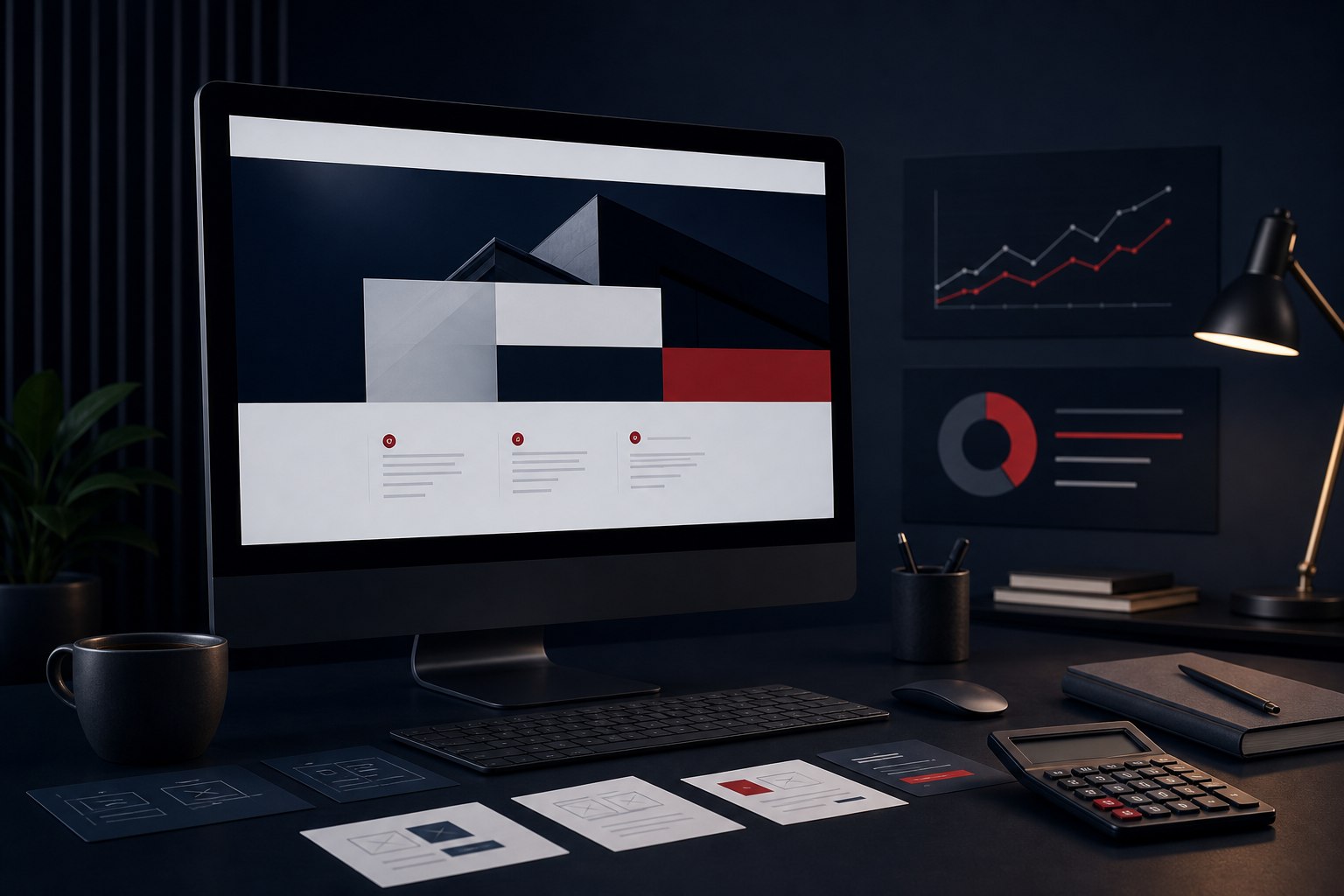 Website design planning workspace with a computer, calculator, wireframes, and performance charts