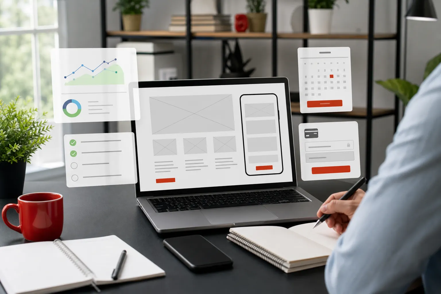 Laptop workspace showing abstract website wireframes, analytics cards, scheduling, and checkout panels