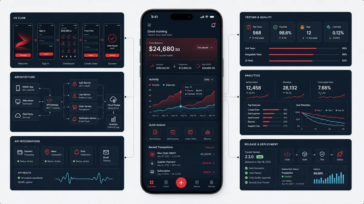 App development interface showing mobile product design, analytics, architecture, and release readiness