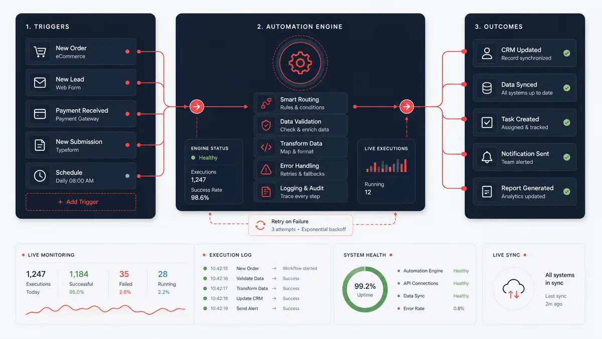 Automation and integrations workflow connecting triggers, APIs, business systems, monitoring, and outcomes