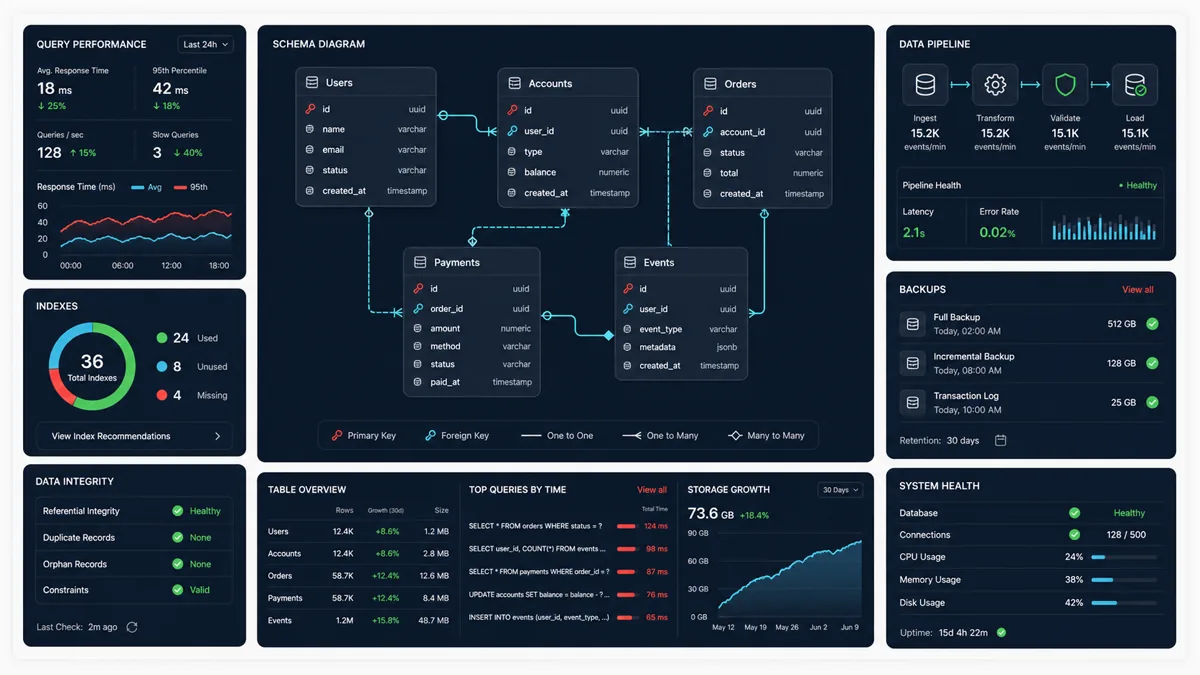 Software and database development architecture showing connected systems, data, and reliable workflows