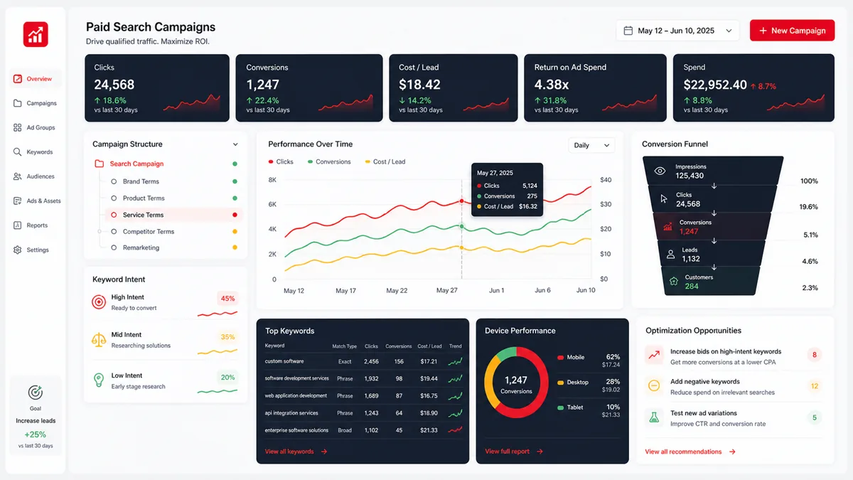 Google Ads campaign dashboard showing local search intent, conversions, cost per lead, and campaign performance