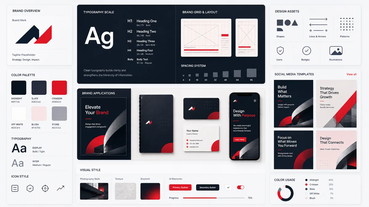 Graphic design workspace with brand identity, typography, color, layout systems, and campaign assets