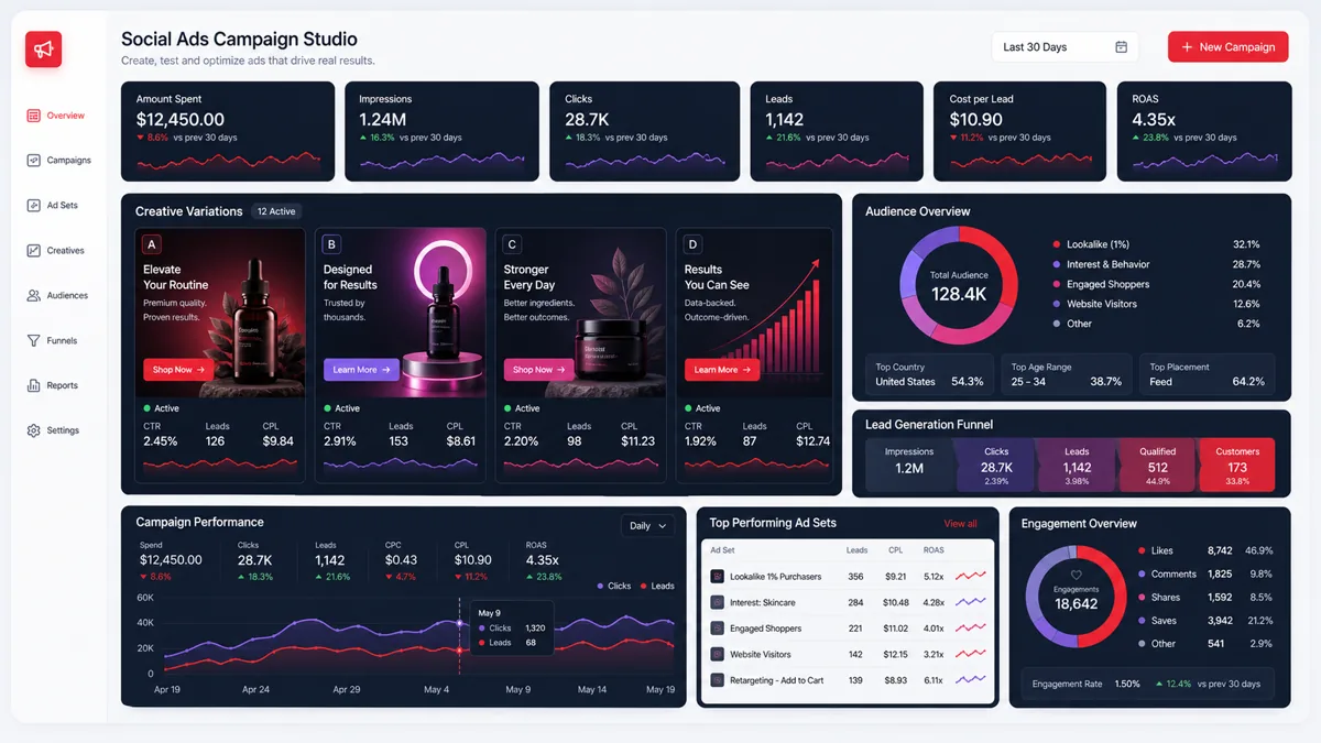 Social advertising campaign studio with creative testing, audience targeting, leads, and conversion analytics