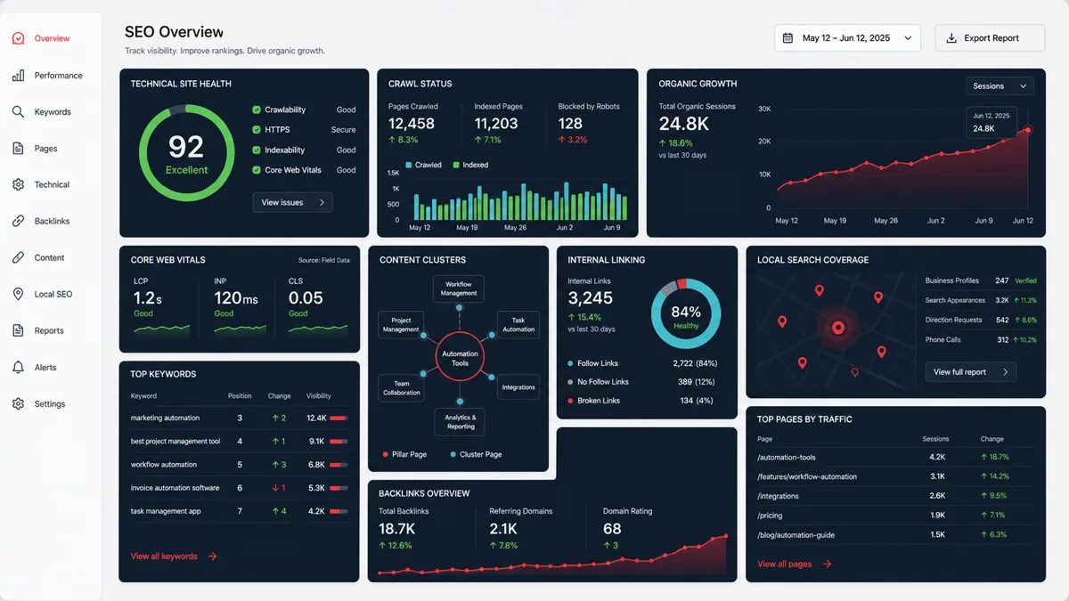 SEO dashboard showing local visibility, technical SEO, rankings, and website performance