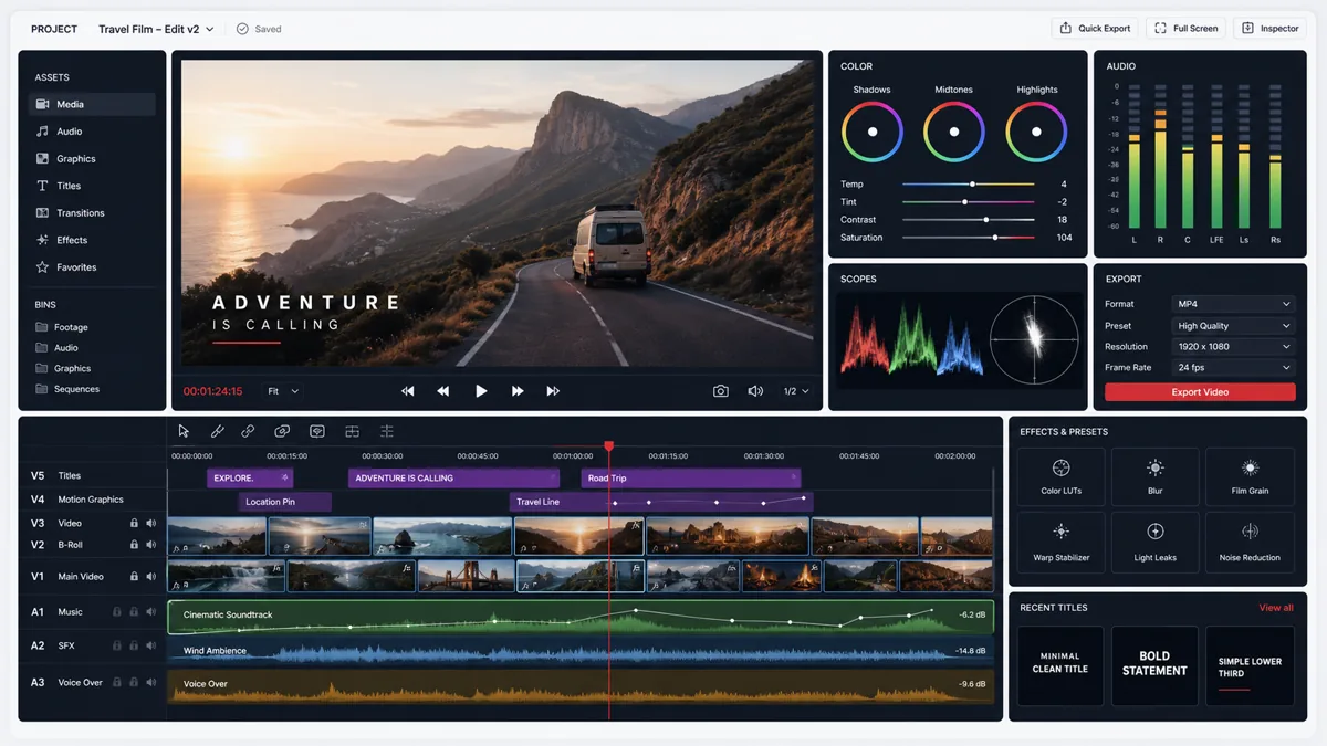 Video editing workspace with cinematic preview, timeline, color grading, audio, captions, and export controls