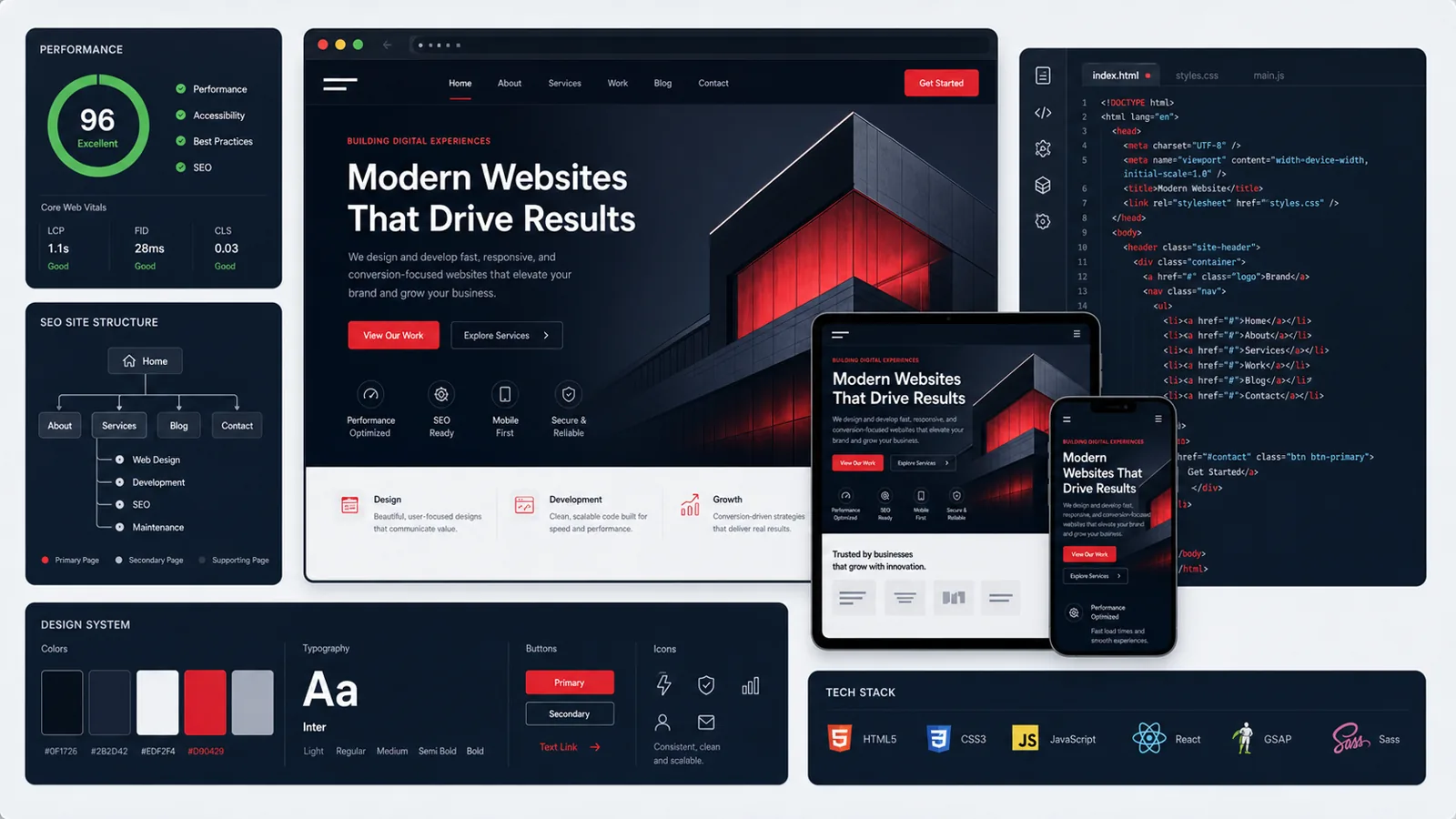 Website development interface showing responsive layouts, performance metrics, SEO structure, code, and a design system